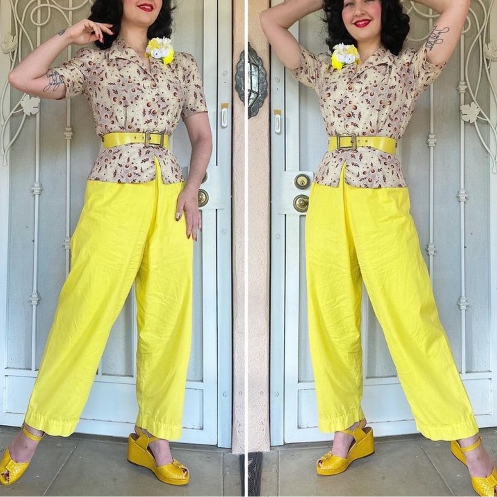 Vintage 40s Yellow Lounge Pants Trousers with different buttons for diff sizes